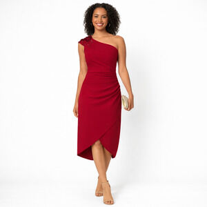 Adrianna Papell Formal Cocktail Dress Womens 6 Red Beaded Wedding Party Midi